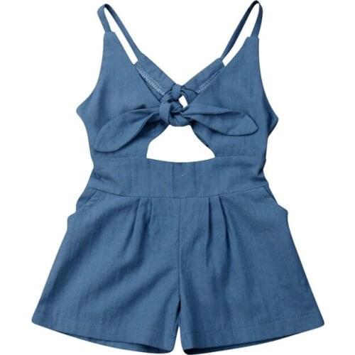 Toddler Kids Baby Girl Blue Bandage Romper Jumpsuit Solid Hollow Out Strap Beach Sunsuit Playsuit Summer Outfits Clothes