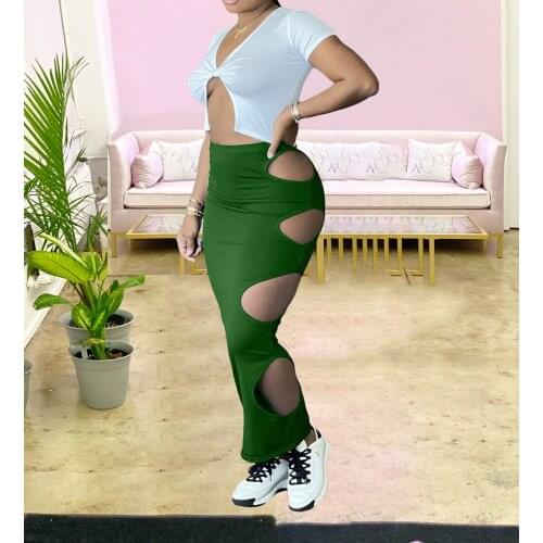 HAOOHU Patchwork Cut Out Maxi Dress Women 2021 Early Summer Sexy V-Neck Side Hole Sleeveless Bodycon Skirt Female Hot Streetwear