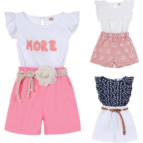 Summer Casual Children Sets Flowers Blue T-shirt + Pants Girls Clothing Sets Kids Summer Suit for 3-7 Years with Flower Waistban