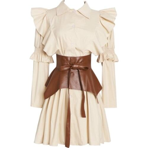 PERHAPS U Chic Turn-Down Collar Mini Long-Sleeve Women Shirts Dresses Solid Khaki Blue A-line Spring Autumn Ruffle Leather D2080