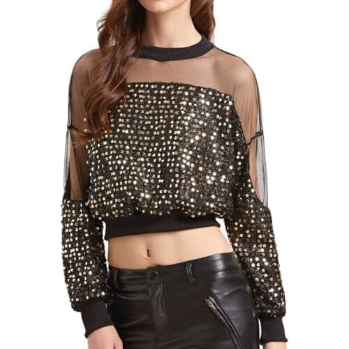 Fashion personality sequins bead perspective mesh bottoming shirt short paragraph exposed navel shirt