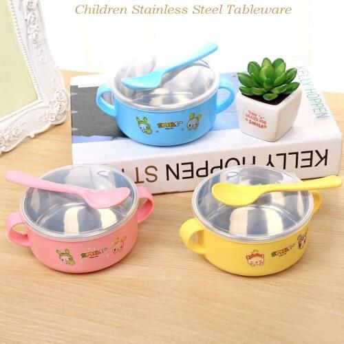 Children Stainless Steel Bowl Tableware Set With Spoon Handle Baby Soup Bowl Food Container Lunch Box Kids Feeding Dinnerware
