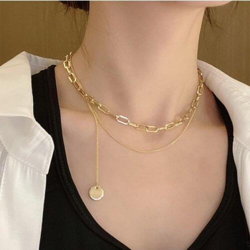 New 2021 Simple Multi-layer Glossy Round Pendant Choker Necklace for Women Metal Asymmetric Gold Color Chain All-match Girl