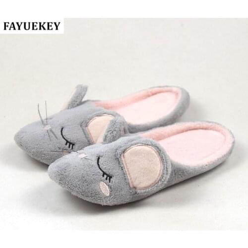 FAYUEKEY New Spring Autumn Home Cartoon Mouse Cotton Plush Slippers Women Indoor\ Floor Warm Slippers Flat Shoes Girls Gift