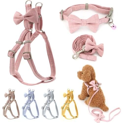 Dog Harness Leash Collar Set Adjustable Soft Cute Bow Double Layer for Small Medium Pet Outdoor Walking Fashion Pure Color