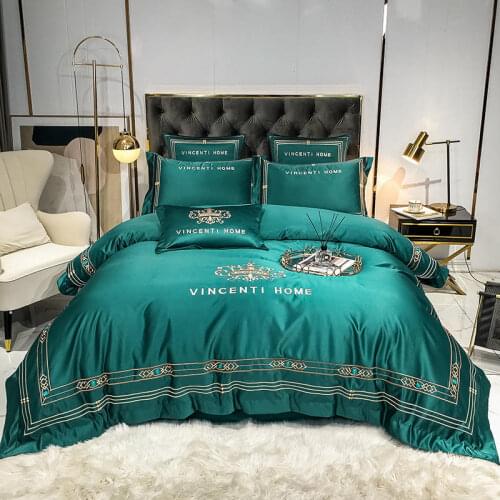 Solid Color Silky Soft Dark Green Chic Embroidery Cotton Satin Bedding Sets Bedspread Duvet Cover Fitted Bed Sheet Pillowcases