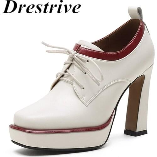 Drestrive Women Pumps Cow Slipt Leather Waxing Round Toe Lace Up Platform Beige 2021 Autumn High Heel Shoes Size 32