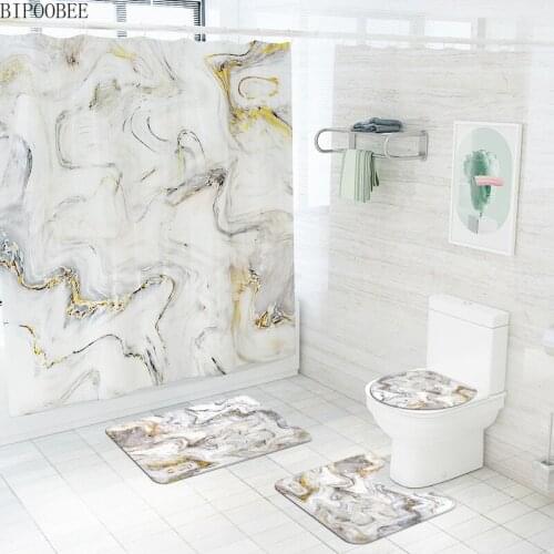 Marbling 3D Printing Shower Curtains Waterproof Stripe Bathroom Curtain Set Bath Mats Rugs Flannel Toilet Cover Anti-slip Carpet