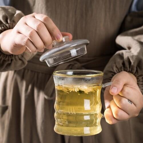 Factory Custom Thickened Heat-Resistant Glass Cup Body-Hugging Cup Glass Cup with Lid Bamboo tea Cup glass