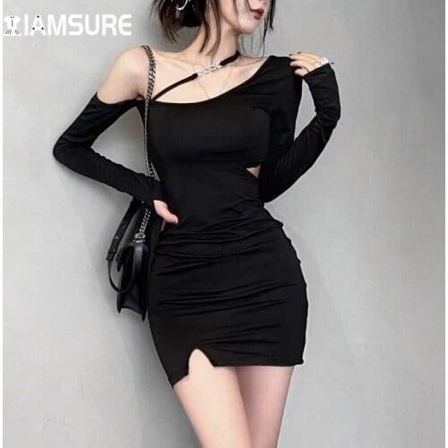 IAMSURE Hollow Out Inclined Shoulder Bodycon Dress Sexy Slim Solid Long Sleeve Split Mini Dresses For Women 2021 Night Club Wear