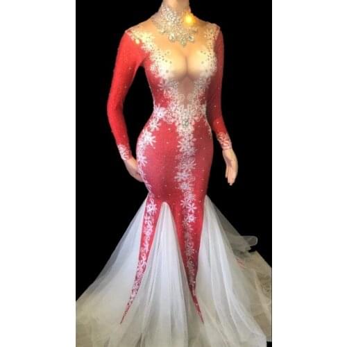 Sparkly Rhinestones Red Snowflake Voile Tail Dress Women Birthday Celebrity Party Dresses Rave Outfit Sexy Singer Dance Costume