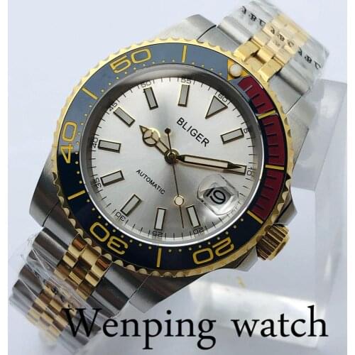 40mm Bliger New Mens Top Casual Business Watch Sapphire Glass Ceramic Bezel Silver Dial Date Luminous Mens Automatic Watch
