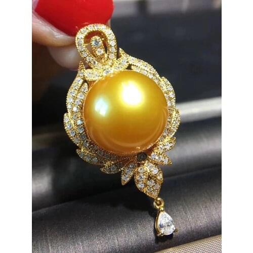 D115 Fine Jewelry 925 Sterling Silver Natural Fresh Water Golden Pearl 13-14mm Pendants Necklaces for Women FIne Pearls Pendants