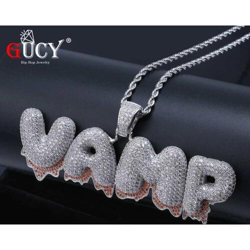 GUCY Custom Name Red Drip Bubble Letters Pendants Necklaces Mens Zircon Hip Hop Jewelry With 4MM Gold Silver Tennis Chain Gift