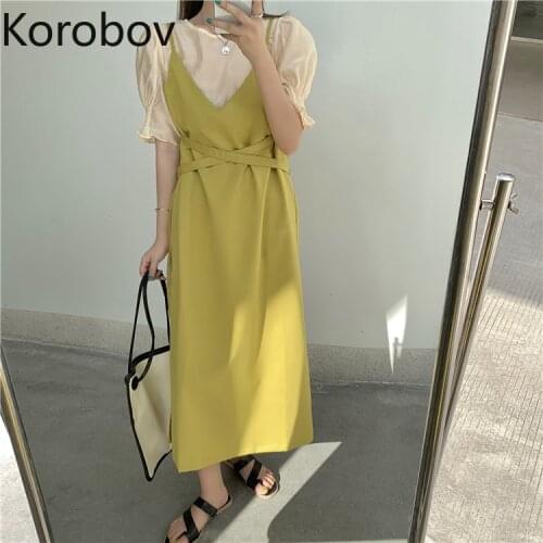 Korobov 2021 New Arrival Women Dress Korean Office Lady Sweet Feamle Dresses Vintage Elegant Hit Color Patchwork Vestidos