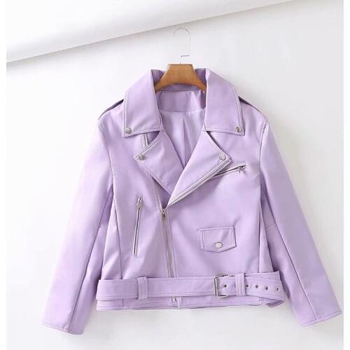 Trendy Women Faux Leather Jacket Streetwear Lapel Female Oversized Purple Pu Leather Loose Coat with Belt Autumn Lady Outwear