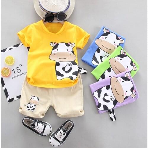 Summer New Boys Cartoon Print Cow Round Neck Short Sleeve Shorts Suit Trendy Casual 1-3 Years Old