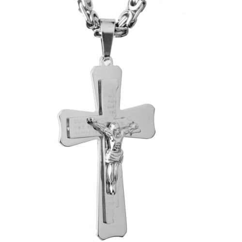 Granny Chic Mens Cross Necklace Cross Pendant Stainless Steel 6mm Flat Byzantine Chain Necklace Hip Hop Male Jewelry