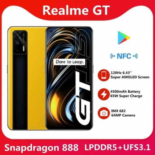 Original Realme GT 5G Smart Phone Snapdragon 888 5nm 120Hz 6.43'' Super AMOLED Screen 3D Glass Body 4500mAh 65W Super Charge NFC
