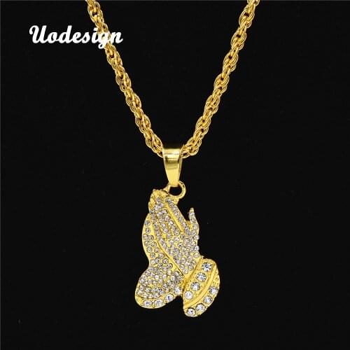 Uodesign Hiphop Jesus Praying Hands Pendant Necklace Iced Out Gold Color Charm Pendant with Chain Fashion High Quality Necklace