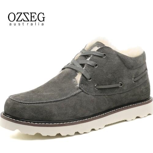 OZZEG Luxury Brand Classic Snow Boots Mens Real Leather Australia Ankle Boots Sheep Fur Winter Shoes Lace-up Footwear OZ0044