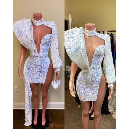 Sexy Sparkling White Sequins Prom Dresses With Overlay Train High Neck Plus Size Evening Night Gowns For African Girls 2021