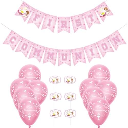 1set Pink First Communion Party Decoration Supplies Banner Balloons Cake Toppers Candy Box Combination Girls Baptism Decor