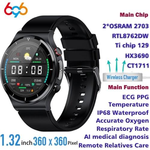 Ti Chip ECG Smart Watch Wireless Charging 1.32 inches 360*360 Cycle Round Display Body Temperature Thermometer Spo2 Smartwatch
