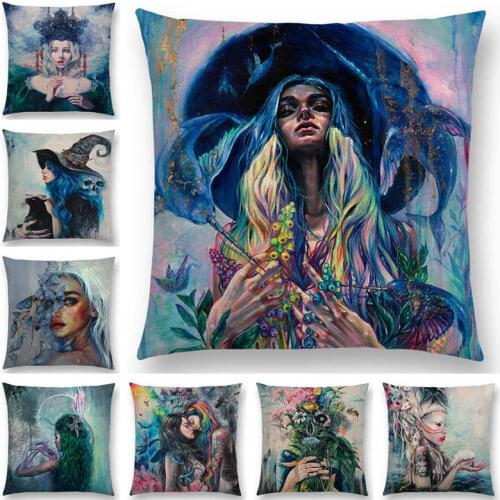 Gorgeous Oil Painting Cushion Cover Miracle Girl Wonder Beauty Magic Witch Beautiful Queen Narwhal Cat Swan Sofa Pillow Case