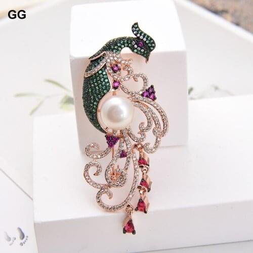 GuaiGuai Jewelry 27x62mm Rose Gold Color Plated Mixed Color Cz Micro Freshwater Pearl Phoenix Brooch Pin For Women