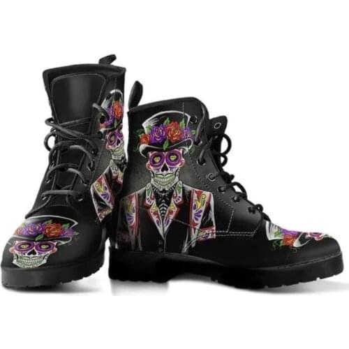 Womens Shoes Autumn And Winter New Spot Tuxedo Top Hat Skull Print Pattern Comfortable Lace-up High-top Boots