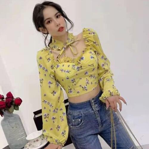 2021 New Sexy Women Tops Gothic Floral Print Elegant Crop Tops Chiffon Blouse Long Sleeve Shirts Pink Lady Clothing For Ladies