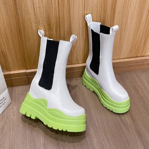 2021 Brand Designer Chelsea Boots Women Platform Shoes Fashion Mid-Calf Boots Chunky High Heels Height Increase Shoes for Women