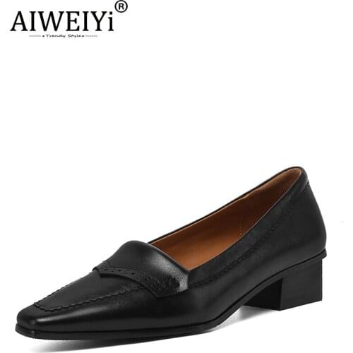 AIWEIYi Retro Pointed Toe Single Shoes Women Mid-Heel British Style Leather Shoes All Match Genuine Leather Platform Pumps
