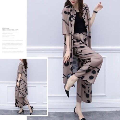Spring Summer Fashion 2 Piece Set Women Long Cardigan Blouse And Wide Leg Pant Sets Elegant Chiffon Pants Suits