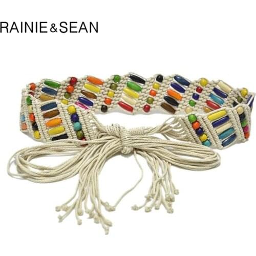 RAINIE SEAN Ladies Waist Belt For Dress Braided Womens Belt Ethnic Colourful Wooden Bead Belts For Women Handmade Wide Strap