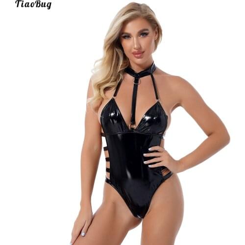 TiaoBug Women Hollow Out Wet Look Patent Leather Lingerie Bodysuit Backless Sleeveless Leotard Halter Cutout Catsuit Clubwear
