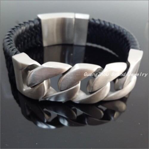 23cm*24mm Promotion Sale 316L Stainless Steel Silver Color Grind Arenaceous Bracelet Black Genuine Leather Bangles For Men Boy