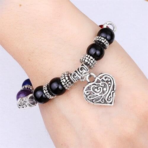 8mm 7 Chakra Yoga Energy Bracelet for Women Vintage Hollow Heart Healing Balance Agate Beads Bracelet on Hand Gifts Dropshipping