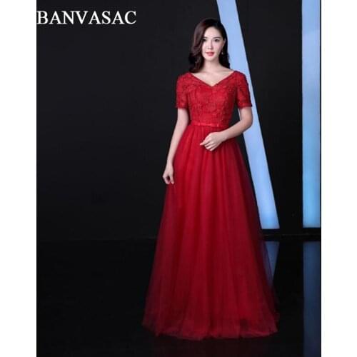 BANVASAC 2018 V Neck Bow Sash A Line Long Evening Dresses Party Lace Appliques Short Cap Sleeve Backless Prom Gowns