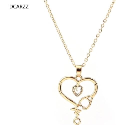 DCARZZ Stethoscope Necklaces Trendy Jewelry Party Gold Silver Plated Crystal Heart Pendant Medical Nurse Necklace Woman Gift