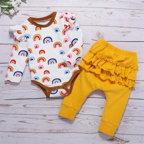 Baby Set Cartoon Rainbow Flying Sleeve Romper + Ruffle Pants Two-piece Set Childrens Clothing