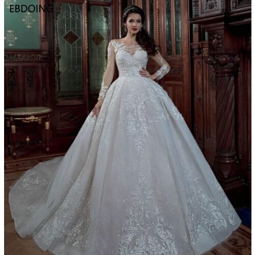 EBDOING Noble Ball Gown Wedding Dress Lace Scoop Neckline Vestidos De Novia Full Sleeves Plus Size Bride Dress Prom Wedding Gown