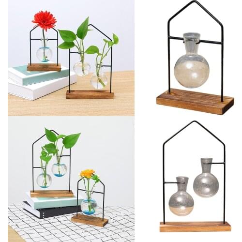 Hydroponic Plant Vases Flower Pot Transparent Vase Wooden Stand Desktop Planter