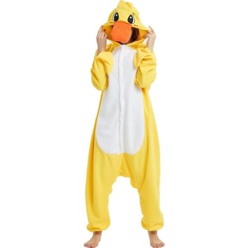 Women Men Yellow Duck Cartoon Onesies Unisex Winter Animal Onesies Hood Nightwear Anime Costumes Adults Fleece Sleepwear Pajamas