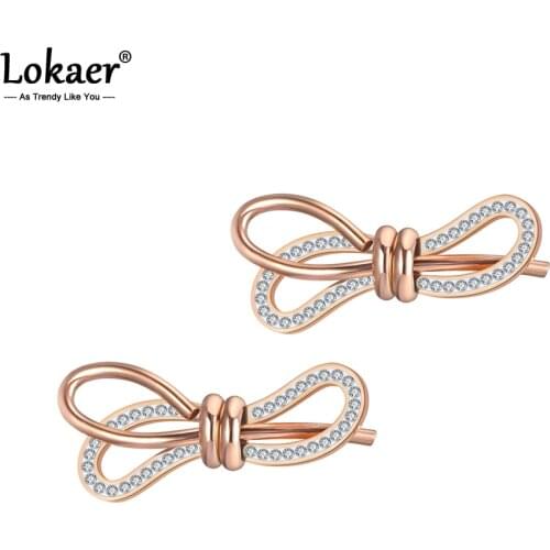 Lokaer Trendy Stainless Steel Geometric Bowknot Earrings Jewelry Rose Gold Clay Rhinestone Party Earrings For Women Girl E19122