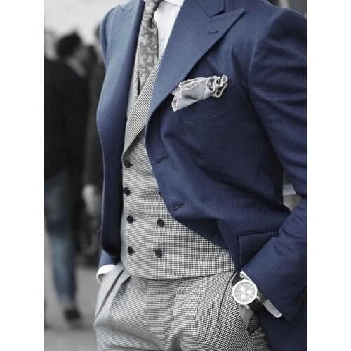 ANNIEBRITNEY Navy Blue 3 Piece Slim Men Fashion Suit Cutsom Groom Wedding Tuxedo Prom Wedding Tailor Made Men Suit With Pants