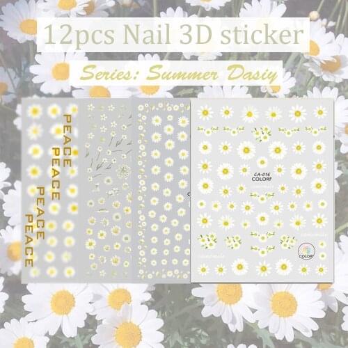 12pcs Summer Peace-Daisy Nailart Stickers 100*80m (Gothic, Sunflowers,Maple,Luminous) 3D Decal Press on Nail Laser Stickers 2021