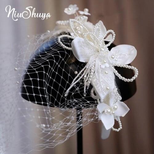 NiuShuya Exquisite New Satin Bow Hairband Face Veil Flower Pearl Beading Decorated Hairwear Wedding Hair Accessories