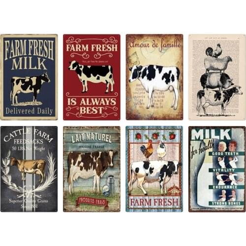 Farm Fresh Milk Metal Tin Sign Farm Animal Retro Metal Plaque Retro Art Poster Decoration Farmhouse Tin Painting Wall Sticker